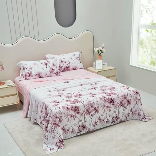 Etrexonline Conjunto de Sábanas 4 Piezas Cama 135 cm - Microfibra Ultra Suave Incluye 1 Bajera 135x200+28 cm, 1 Encimera 210x270 cm, y 2 Fundas de Almohada 50x75 cm - Color Flor Rosa