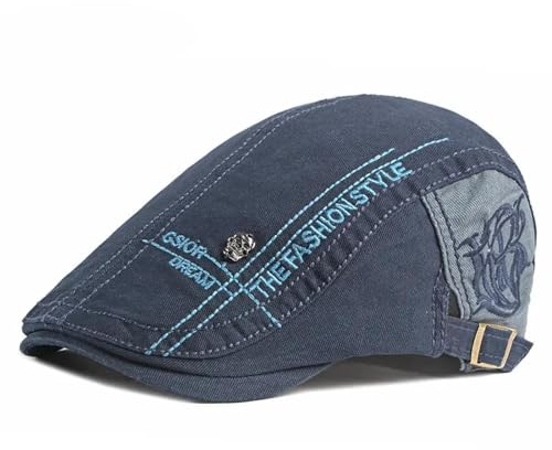 YUEZHAN Barett Baskenmützen Für Herren Baumwoll Buchstaben Stickerei Newsboy Kappen Flach Mütze Männer Frauen Maler Beret Hut 55-60Cmwear Blau