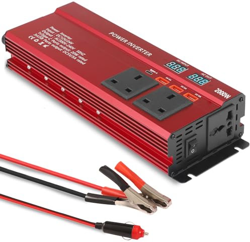 2000W Power Inverter,Car Converter DC 12V to 220V AC, Car Power Inverter with LCD Display, Interchangeable 12V/24V,Pure Sine Wave Inverter with 3 UK Sockets and 4 USB Ports, for Travel, Camping
