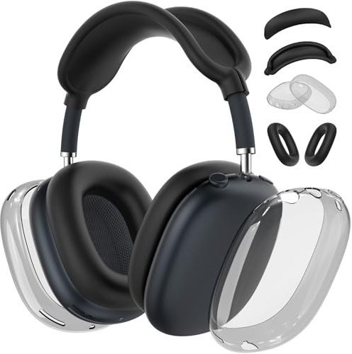 Schutzhülle für AirPods Max Hülle, Anti-Scratch Ear Pad Case Cover/Ear Cups Cover/Headband Cover für Apple AirPods Max Kopfhörer (2024/2020), Clear TPU Transparent und Silikon Zubehör, Schwarz [4 in 1