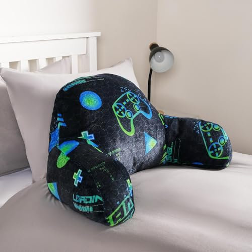 OHS Cuddle Cushion for Kids Gamer, Supportive Reading Pillow Kids Soft Cosy Fleece Gaming Cushions Cuddle Pillow Backrest for Boys Bedroom Relaxing Comfy - Black Neon