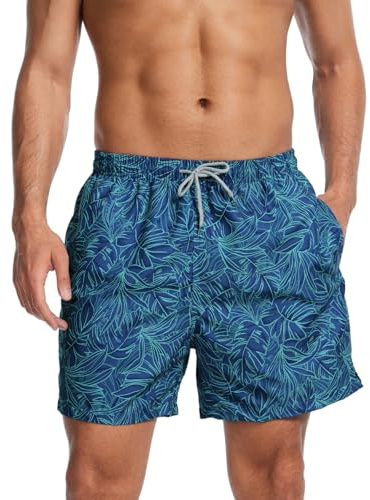 AMZSPORT Badbyxor för män, vattentäta badshorts, nätfoder, brädshorts med fickor, Blått blad, XL