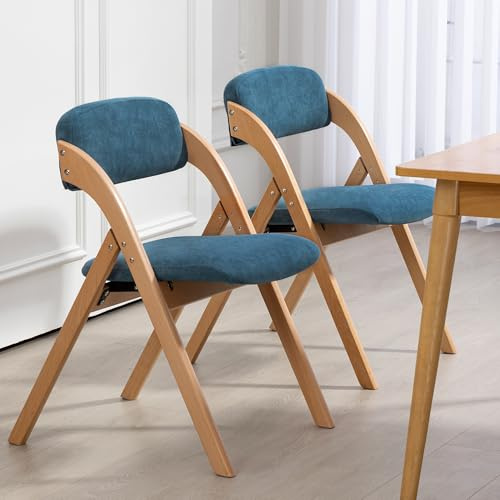 Villeston Klappstühle mit gepolsterten mit Armlehnen, 2er Set, Blau | Holz-Esszimmerstühlen mit abnehmbarem Bezug, extra klappbarer Stuhl für Gäste, Küche, Büro, Hochzeit, Party, Picknick