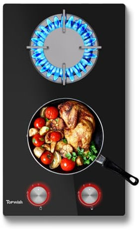 TOPWISH Piano cottura a gas a 2 fiamme, piano cottura a gas, con manopola rossa illuminata, fornello a gas da incasso con supporti in ghisa, convertitore NG/LPG, protezione automatica della