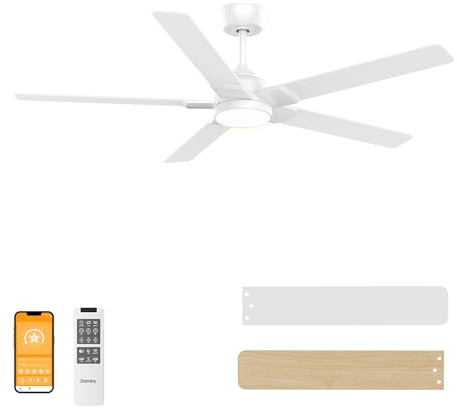 DAMINY 52 inch White Ceiling Fans with Lights,5 Blades,6CCT, Low Profile,Remote Control,for Bedroom, Kitchen,Living Room,Indoor/Outdoor Use,Downrod