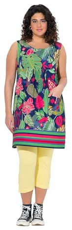 Ulla popken dam stora storlekar överdimensionerade plus size jerseyklänning, tryckt, A-linje, rund hals, ärmlös, bläck blå, 58-60