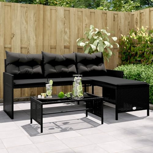 IKAYAA Gartenmöbel Set Rattan Balkon Lounge Klein Ecklounge Ecksofa Outdoor Gartenlounge Outdoor Sitzlounge Balkon Gartensofa Balkonsofa Outdoor Sofa Schwarz