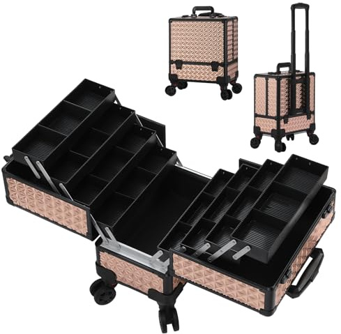 Professional Makeup Case - Rolling Salon Trolley with Wheels, Makeup Box and Travel Suitcase for Cosmetology, Nail Tech or Tattoo Storage (Rose Gold)