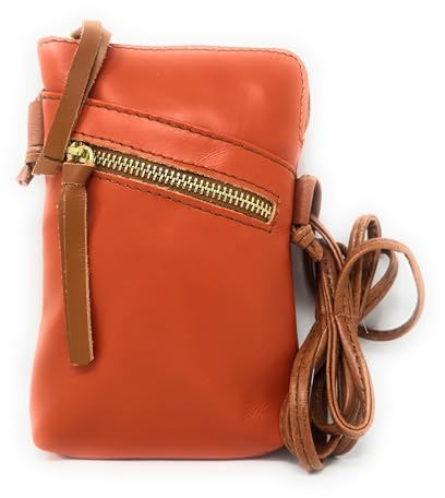 Monahay Vera Pelle MH9723 Sac à bandoulière en cuir italien véritable pour téléphone portable et passeport, Bracelet orange/marron clair, 18cm x 11cm x 4cm