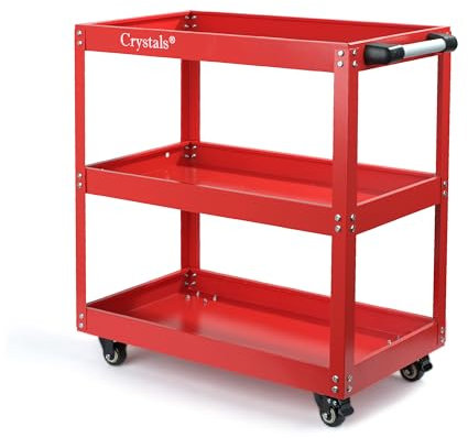 Crystals 3-Tier Heavy Duty Tool Trolley Cart with Lockable Wheels – Rolling Workshop & Garage Storage Organiser for Tools, Equipment & Parts – Durable Metal Utility Cart with Steel Handle – (Red)