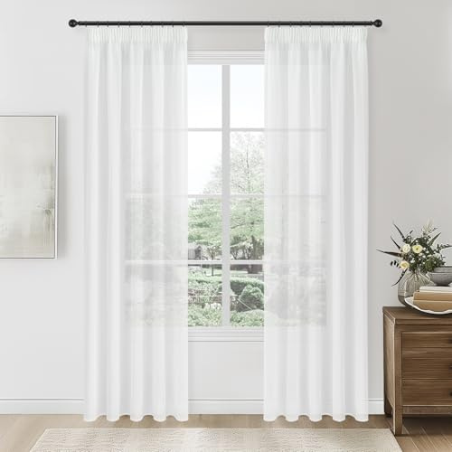 Topfinel Gardinen Weiße Transparent Vorhänge Vorhang übergardinen mit kräuselband Vorhangschals Ösenvorhang Deko Kinderzimmer Schlafzimme 140x250cm Schlaufenschal 2er Set