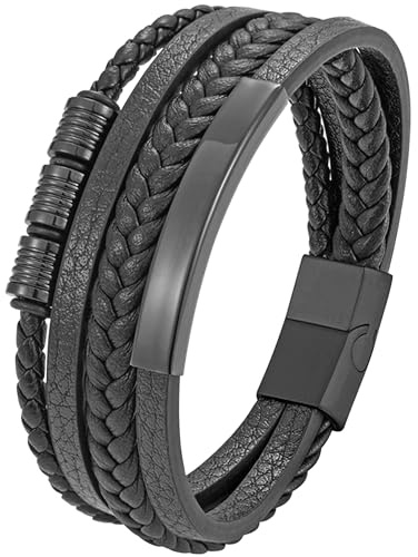 JUZICHEN Läderarmband, läderarmband, stålmän, gåvor till herr, svart brun blå läderarmband för pappa farfar, Moyenne, Läder, Rostfritt stål