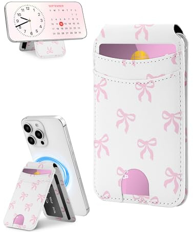 Jusy Compatible with Magsafe Phone Card Holder,Magnetic Phone Wallet Stand Adjustable Leather with RFID, Cute Pattern Wallet for iPhone 17/16/15/14/13/12 Series, for Women Girls - Pink Bow
