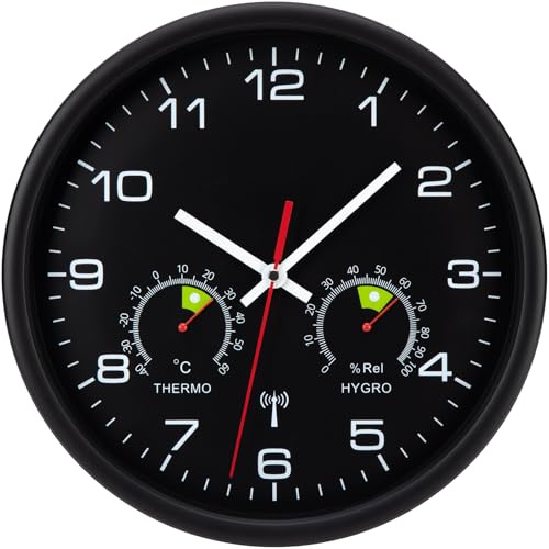 VIVILINEN Funkuhr Wand Mit mit Thermometer und Hygrometer Lautlos 30cm | Wanduhr Funk Ohne Tickgeräusche Funkwanduhr Geräuschlos für Wohnzimmer, Küche, Büro, Schlafzimmer, Schwarz