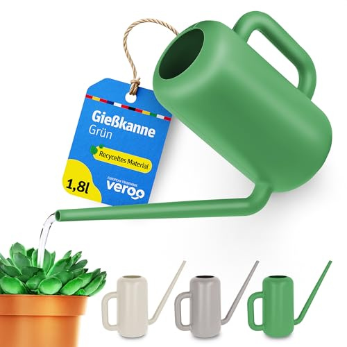 VEROO Kleine Gießkanne für Zimmerpflanzen 1,8l aus Recyceltem Kunststoff, mit Langem Ausgießer für Präzises Gießen (Grün)