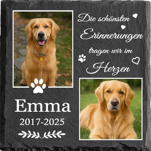 MOMGEGE Personalisierter Tiergrabstein aus Schiefer mit Foto und Text – Grabstein Hund oder Katze, Gedenkstein für Garten und Zuhause – Trauergeschenk bei Tierverlust (013)