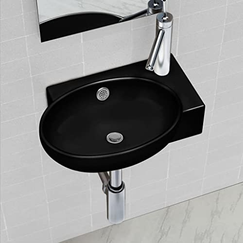 Lavabo en Céramique with Trou pour Robinet/Trop-Plein, Design Rond, Vasque à Poser Salle de Bain, Lavabo Salle de Bain, Meuble Vasque Salle de Bain, Lave Main, Noir, 410 x 280 x 125 mm