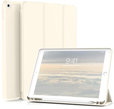 JKSML Smart Case for iPad 9th/8th/7th Generation 10.2 Inch 2021/2020/2019 | Soft TPU Back Cover with Apple Pencil Holder, Adjustable Foldable Stand , Auto Sleep Wake (Cream White)