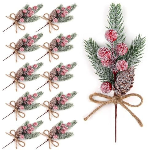 Feelhea 24 Stück Tannenzweige Künstlich Beerenzweig, Rote Beeren Tannenzapfen Hagebutten Deko Zweige, Weihnachtsdeko Kiefernzweige für Weihnachten Kunst Basteln