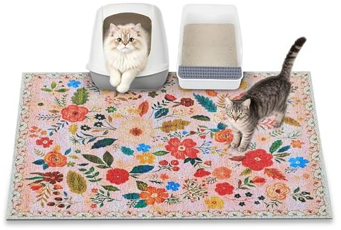 YOSEPATI Cat Litter Mat, 89 x 58cm litter box mat, Upgrade Non-Slip kitty litter mat, Traps 100% Litter, Soft on Kitty Paws, Easy Clean for Scatter Control, Bohe cat food mat, Urine Waterproof