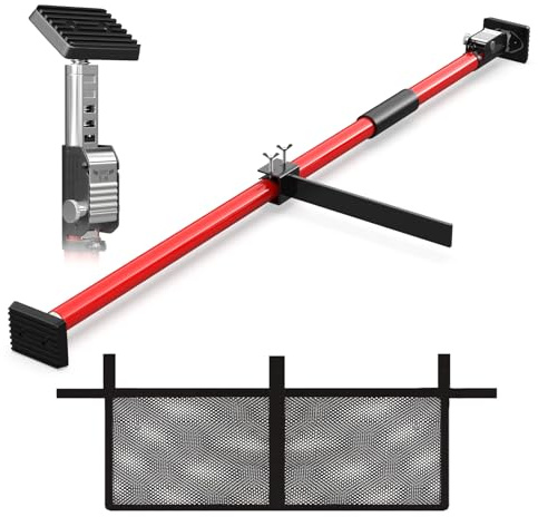 3-H Puntal Extensible Ajustable, 1 Pieza (110-195 cm), con Barra Estabilizadora y Red de Almacenamiento, para Coches, Camionetas Pickup, SUV, Camiones y Remolques (Rojo)