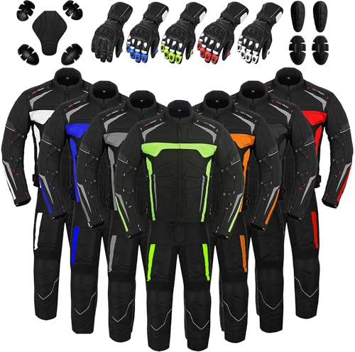 Hive Moto Men’s Motorcycle Suit Waterproof Cordura Jacket with Trousers and Leather Gloves, CE Approved Biker Protective Gear (Green, 6X-large)