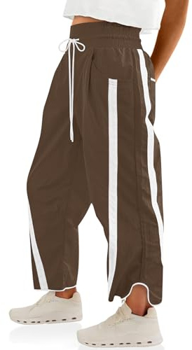 LOMON Womens Baggy Wide Leg Pants 2026 Lightweight Travel Workout Drawstring Contrast Color Pant Elastic Waisted Y2K Track Pants with Pockets (Dark Brown, M)