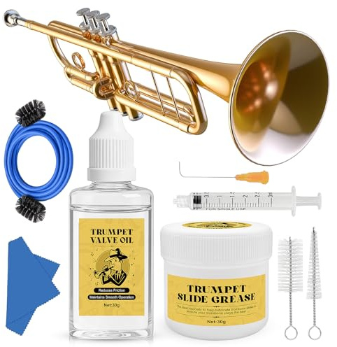 Trumpet Cleaning Kit, Trumpet Care Kit (Valve Oil, Slide Grease, Mouthpiece Brush, Bore Brushe, Piston Brush, Microfiber Cloth, Jnjector and Bent Tube Needle), Maintain Trumpet and Sound Quality