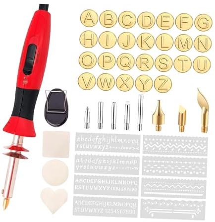 UxicRuya 1 Penna Pirografica Kit Legno con Alfabeto Punta Stencil E Temperatura Regolabile Impugnatura Ergonomica Adatta per Artigianato Incisione Pelle