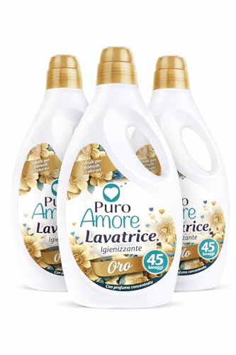 Puro Amore detersivo liquido lavatrice oro igienizzante – profumo intenso e duraturo – ideale per bianchi e colorati – 45 lavaggi per bottiglia – formato convenienza 3 o 6 bottiglie (3)