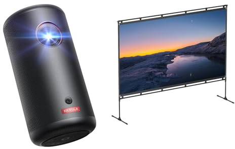 NEBLUA Capsule 3 Beamer mit 100 Zoll Leinwand mit Stativ, Smart Projektor, 1080p, WLAN, 200 ANSI-Lumen, Tragbarer Beamer, mit GTV, Netflix Vorinstalliert, Dolby Digital, 120-Zoll Bild,integrie