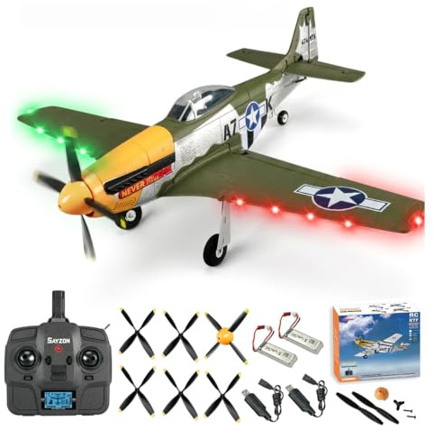 SAYZON 5CH 3D/6G RC-Flugzeug P51D Mustang mit 2,4 GHz Fernsteuerung, Brushless Ferngesteuertes Flugzeug für Erwachsene und Anfänger, inklusive Ersatzpropeller und Akku (2BS+LED)
