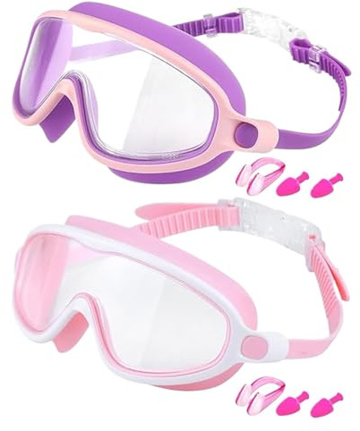 Occhialini da nuoto per bambini, ampia vista, anti appannamento e UV, con clip per il naso e tappo per le orecchie cinturino regolabile senza perdite, occhialini da nuoto per ragazzi e bambini, per