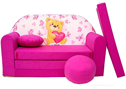 Kindersofa Kinder Sofa Couch Baby Schlafsofa Kinderzimmer Bett gemütlich verschidene Farben und motiven (H3 rosa Teddy mit Herz)