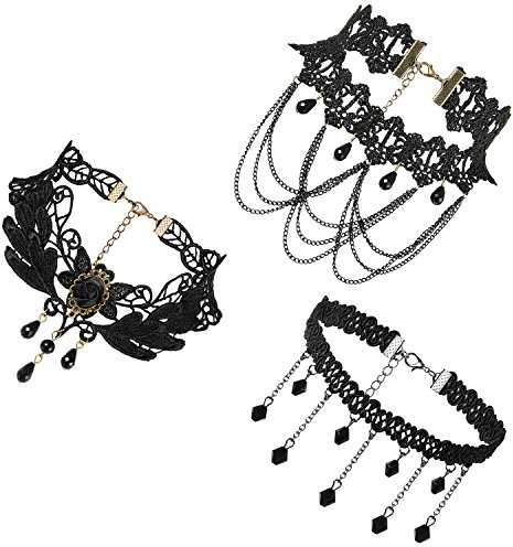 JewelryWe Schmuck 3 PCS Choker Halsband Halskette Set Schwarz Stretch Samt Classic Gothic Quasten Tattoo Spitze Choker Halsketten Ketten für Damen Mädchen