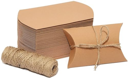 Cajas de regalo de almohada con cuerda de yute para recuerdos de fiesta (papel kraft de 5 x 3.5 pulgadas, paquete de 50 unidades)