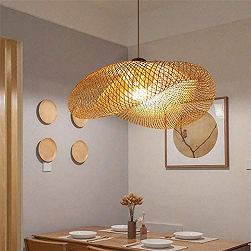 COOYO Suspension E27 Lustre Lumière Pendentif Vintage Rétro Lampe Pendentif Industriel Bambou Rotin Naturel Suspendu Tissé Lampes Suspension Réglable Hauteur Manger Bureau Salon Café Salle Lampe,50cm