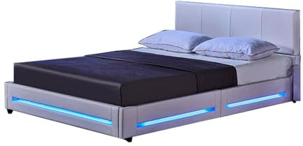 Home Deluxe - LED Bett Asteroid - Weiß, 140 x 200 cm - inkl. Lattenrost I Polsterbett Design Bett inkl. Beleuchtung