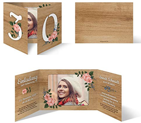 10-100x Individuelle Geburtstag Einladungskarten Klappkarte Altarfalz DIN A6 (148x105mm) - Holzblumen