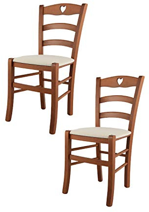 Tommychairs - 2er Set Stühle CUORE für Küche und Esszimmer, Robuste Struktur aus lackiertem Buchenholz im Farbton Kirschholz und gepolsterte Sitzfläche mit Stoff in der Farbe Elfenbein bezogen