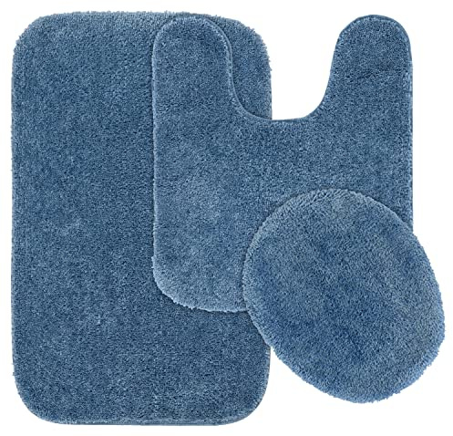 Garland Rug Traditional Nylon Washable Basin Blue 3 Piece Set - Lid, Contour, Bath Rug - Soft, Absorbent, and Stylish for Your Bathroom