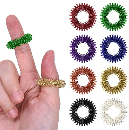 Wisdompro 16 Pcs Spiky Sensory Finger Rings, Metal Acupressure Rings, Silent Anxiety and Stress Relief Fidget Ring Set for Men, Women, Adults - 8 Colours