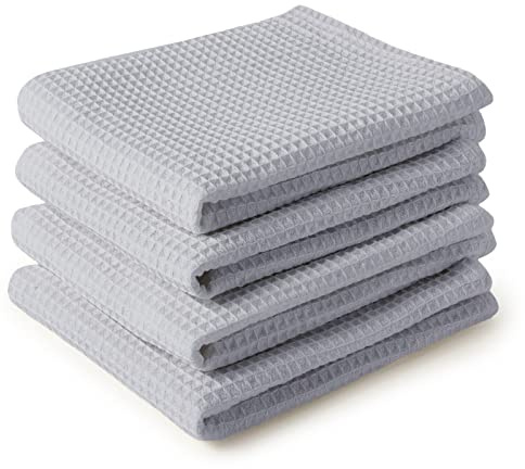 Encasa XO Kitchen Dish Towels, Cotton Tea Towel, Loop 70x45 cm Grey | 100% Cotton Waffle Weave | Highly Absorbent & Quick Drying | Integrated Hanging Loops | Set of 4