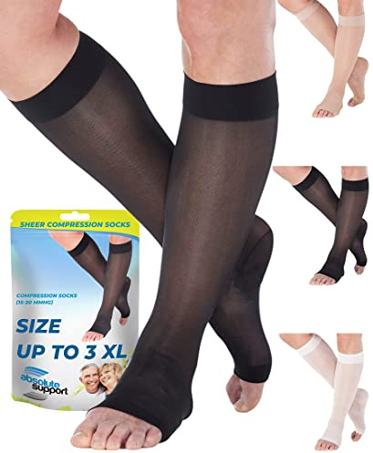 Chaussettes de compression transparentes pour femme Circulation 15-20 mmHg avec bout ouvert – Bas de compression légers et longs pour femme – Noir, 6XL