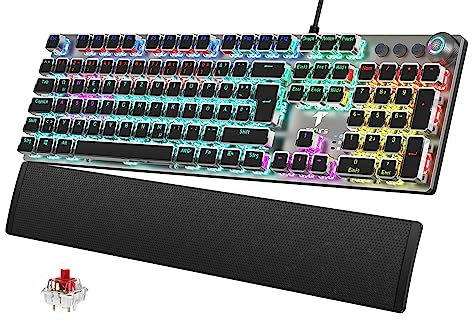 TECURS Mechanische Gaming Tastatur - QWERTZ Mechanical Keyboard mit Magnetische Handgelenkauflage, Multimedia-Tasten, 105 Tasten Kabelgebundene Rote Schalter Tastatur für PC/PS5/PS4, 19 LED Modi