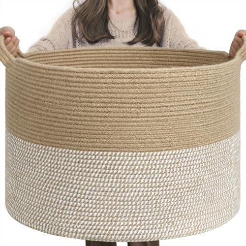 INDRESSME XXXLarge Woven Wicker Blanket Basket Living Room White Jute, 90L