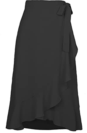Kuukaas Jupe portefeuille longue pour femme - Jupe asymétrique taille haute - Jupe midi d'été, Noir , M