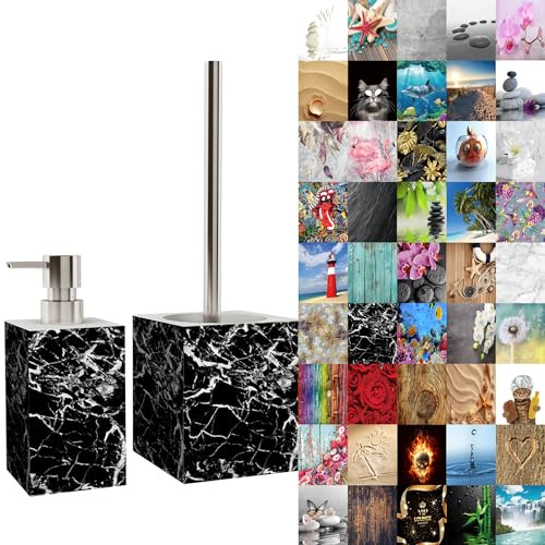 Sanilo Badezimmer Set, Seifenspender und WC Bürste mit Motiv, große Auswahl, Klobürste ohne Bohren, schöne Designs (Marmor Schwarz)