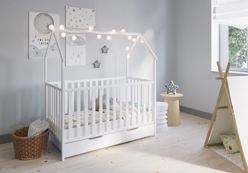FabiMax Kinderbett Hausbett Schlafmütze mit Schublade, Weiß lackiert, 140x70 cm, aus massivem Kiefernholz (Matratze Comfort, Mit Schublade)