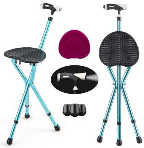 S AFSTAR Walking Cane with Seat, Height Adjustable Cane Chair with LED Light & Retractable 3 Legs, Portable Anti-Slip Seat Cane, Heavy Duty Walking Stick Chair for Seniors Elderly (Black)